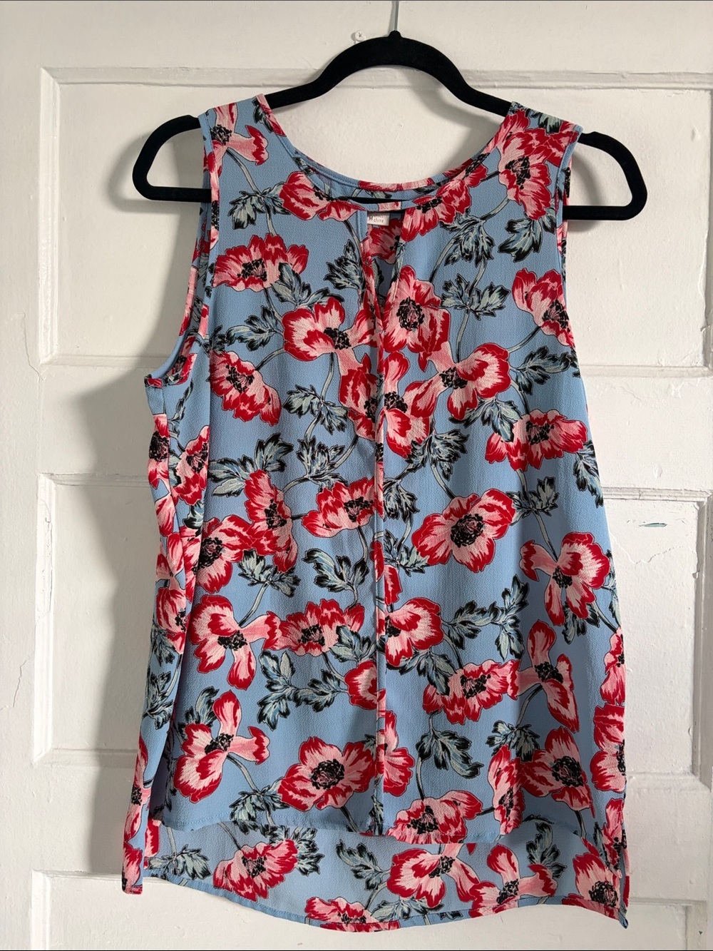 Blue Floral Sleeveless Camisole with Red Flower Print